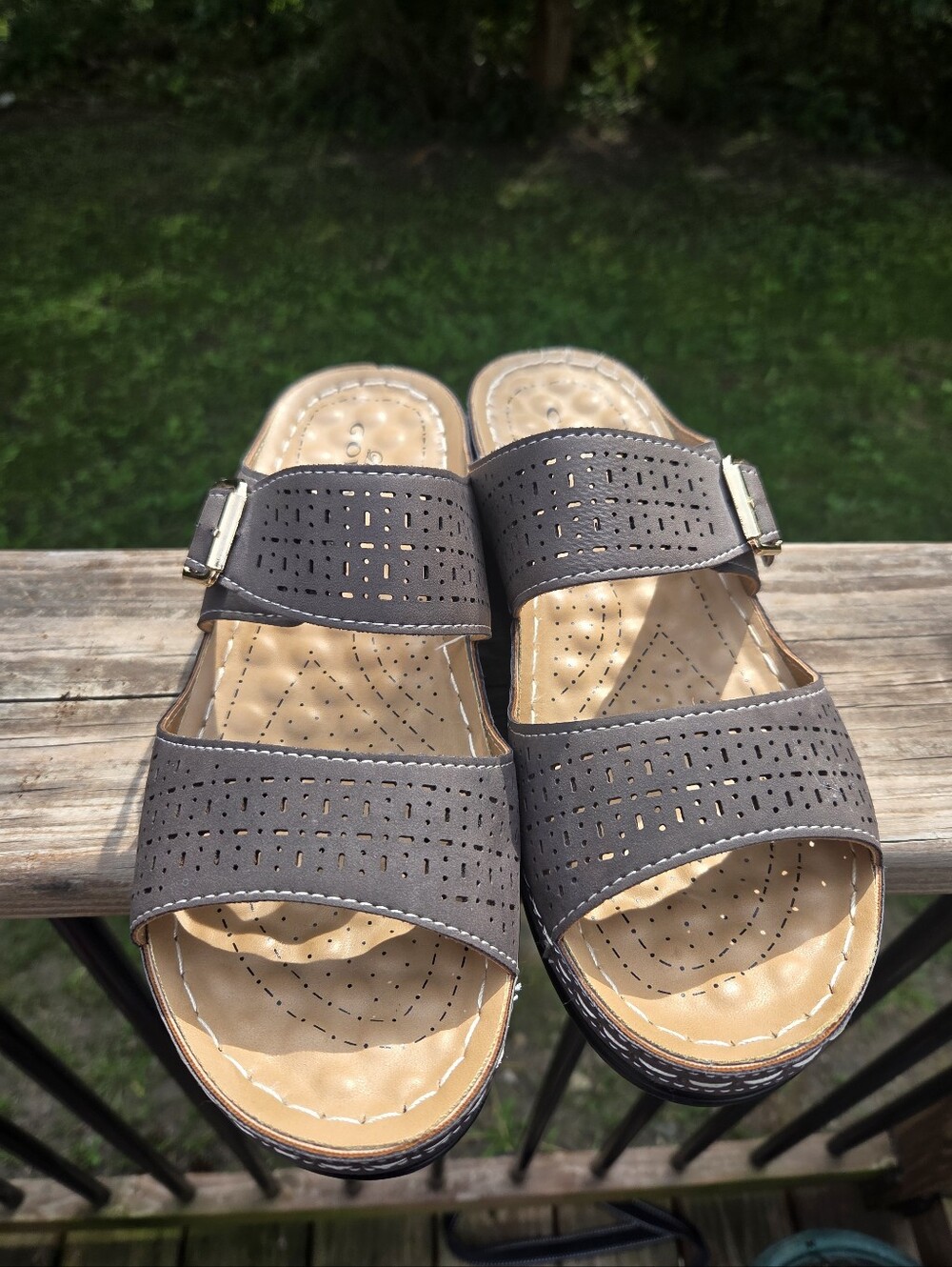 Women's Perforated Gray Slide Sandals with Adjustable Strap